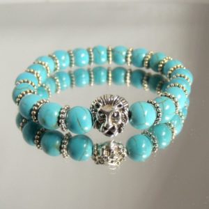bracelet perles pierre gemme turquoise avec tête de lion