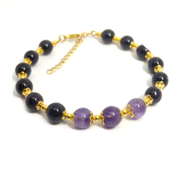 Bracelet réglable perles de pierre de soleil et d améthyste